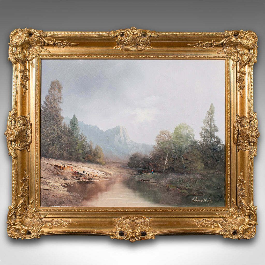 Vintage Landscape Painting, Austrian, Framed Oil On Canvas, Art, Alpine Scene photo furniture