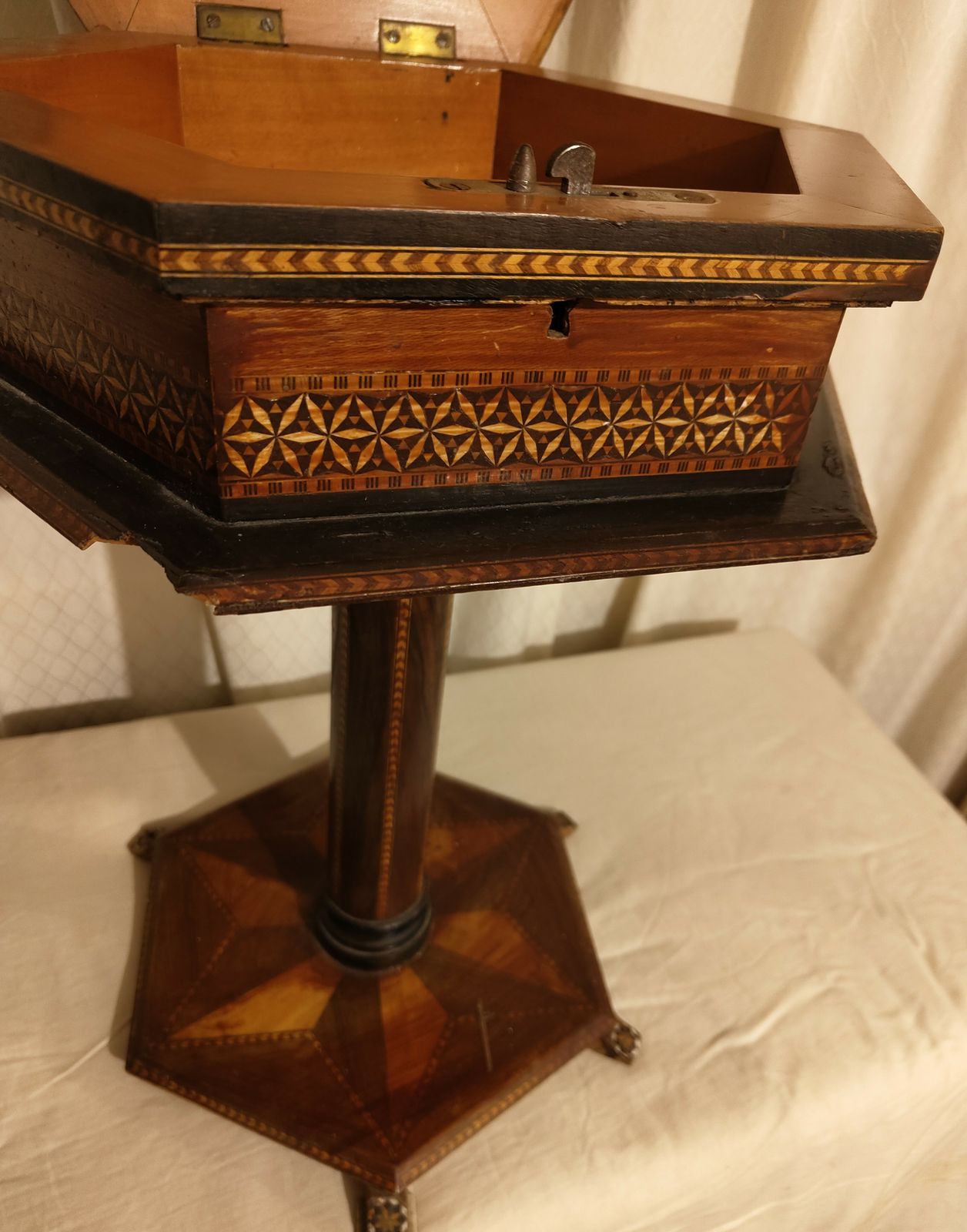 Stunning Hexagonal Rosewood Sewing Stand / Side Table With Mosaic Detailing