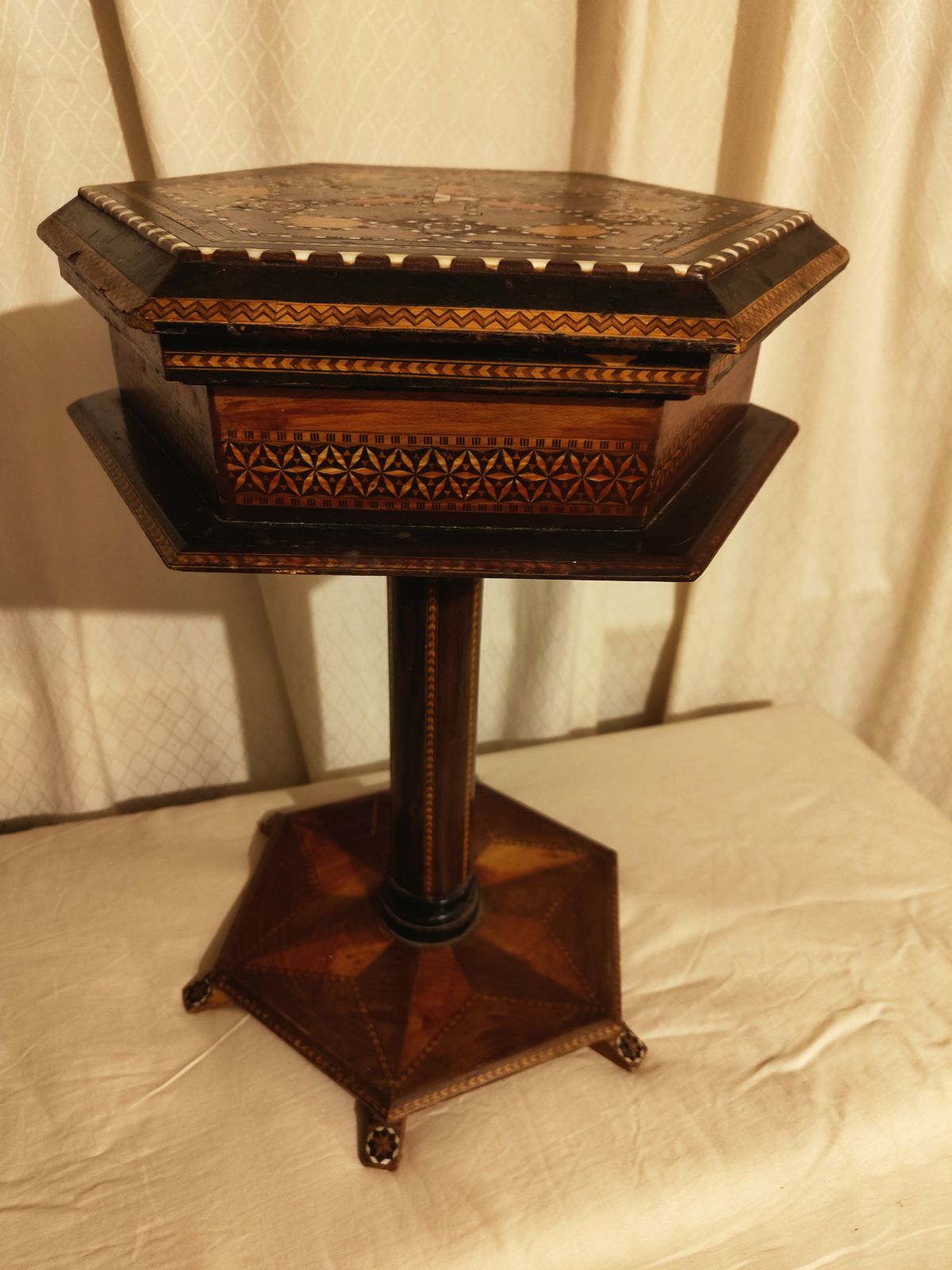 Stunning Hexagonal Rosewood Sewing Stand / Side Table With Mosaic Detailing photo buy