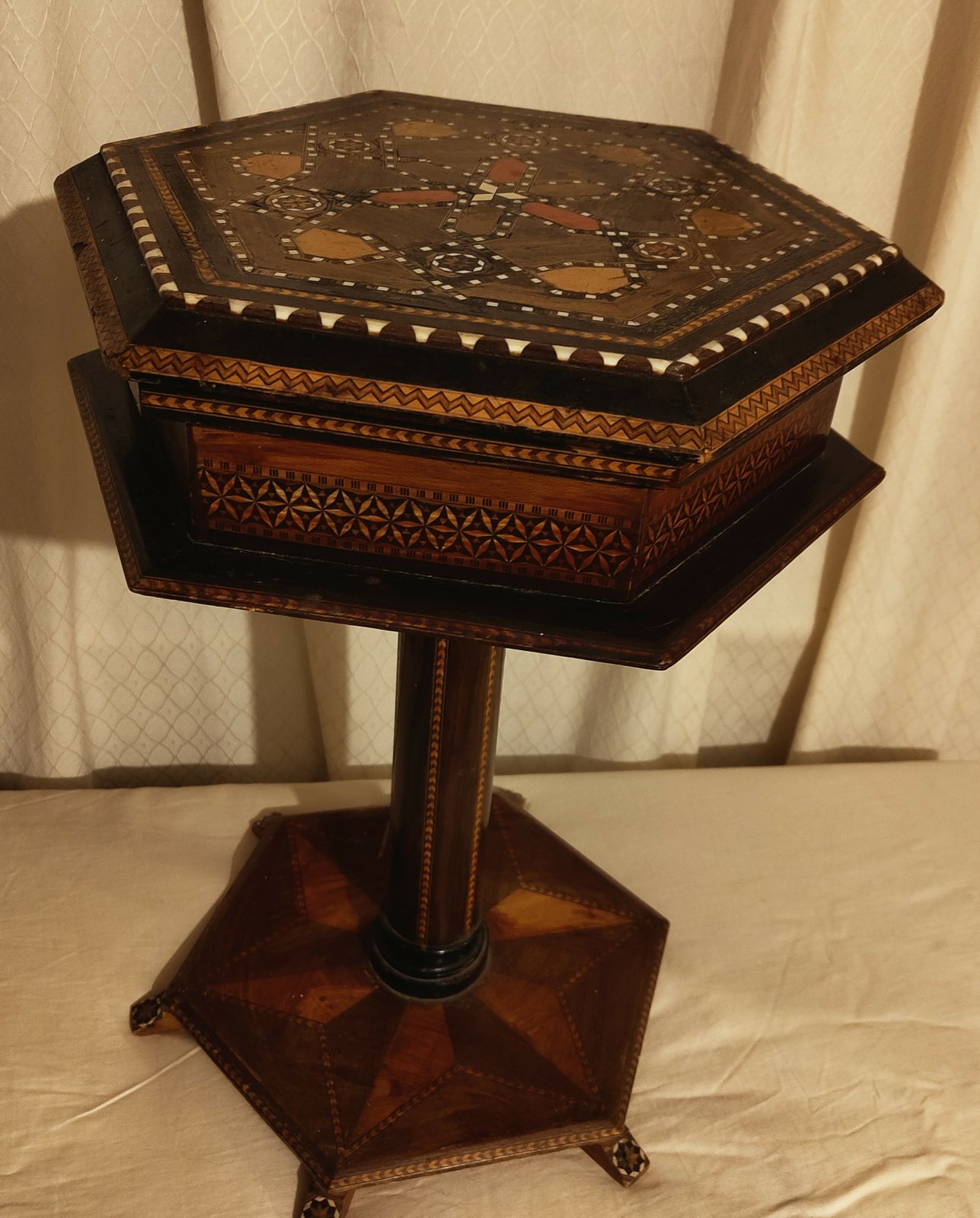 Stunning Hexagonal Rosewood Sewing Stand / Side Table With Mosaic Detailing photo vintage