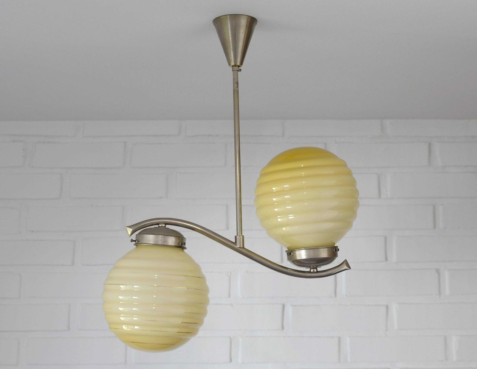Original Art Deco / Antique Chandelier / Hanging Lamp / Glass Pendant Lamp / Light Fixture / Bauhaus Era / Yugoslavia 1940's / Old Lighting