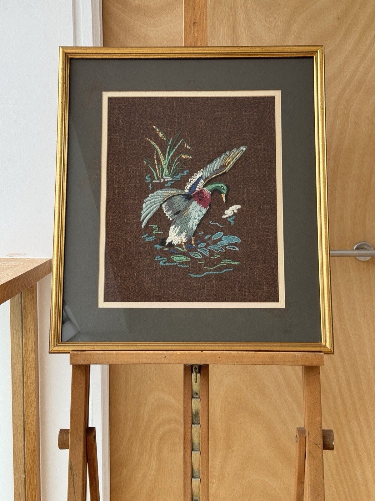 Mid Century Framed Needlepoint Of A Mallard Duck Landing On Water