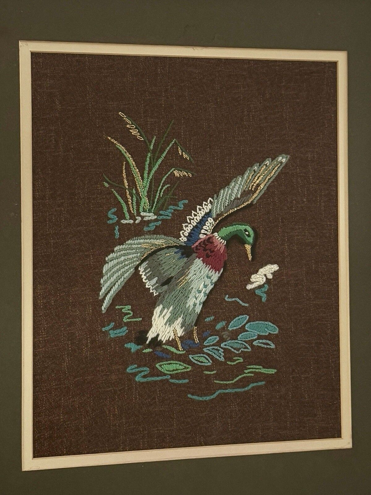 Mid Century Framed Needlepoint Of A Mallard Duck Landing On Water photo vinterior
