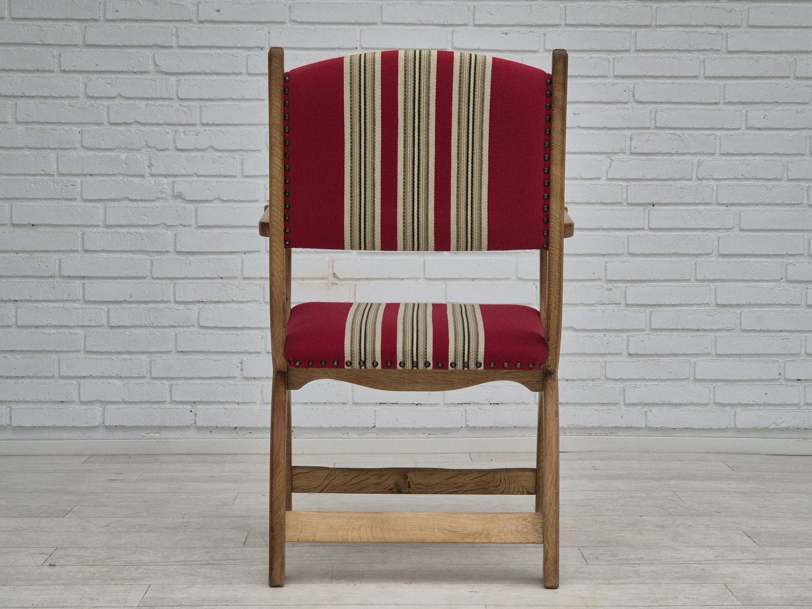 1960s, Danish Armchair, Original Condition, Furniture Wool, Oak Wood. photo for sale