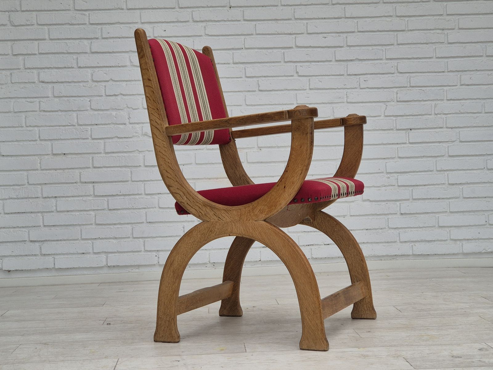 1960s, Danish Armchair, Original Condition, Furniture Wool, Oak Wood. photo Furniture