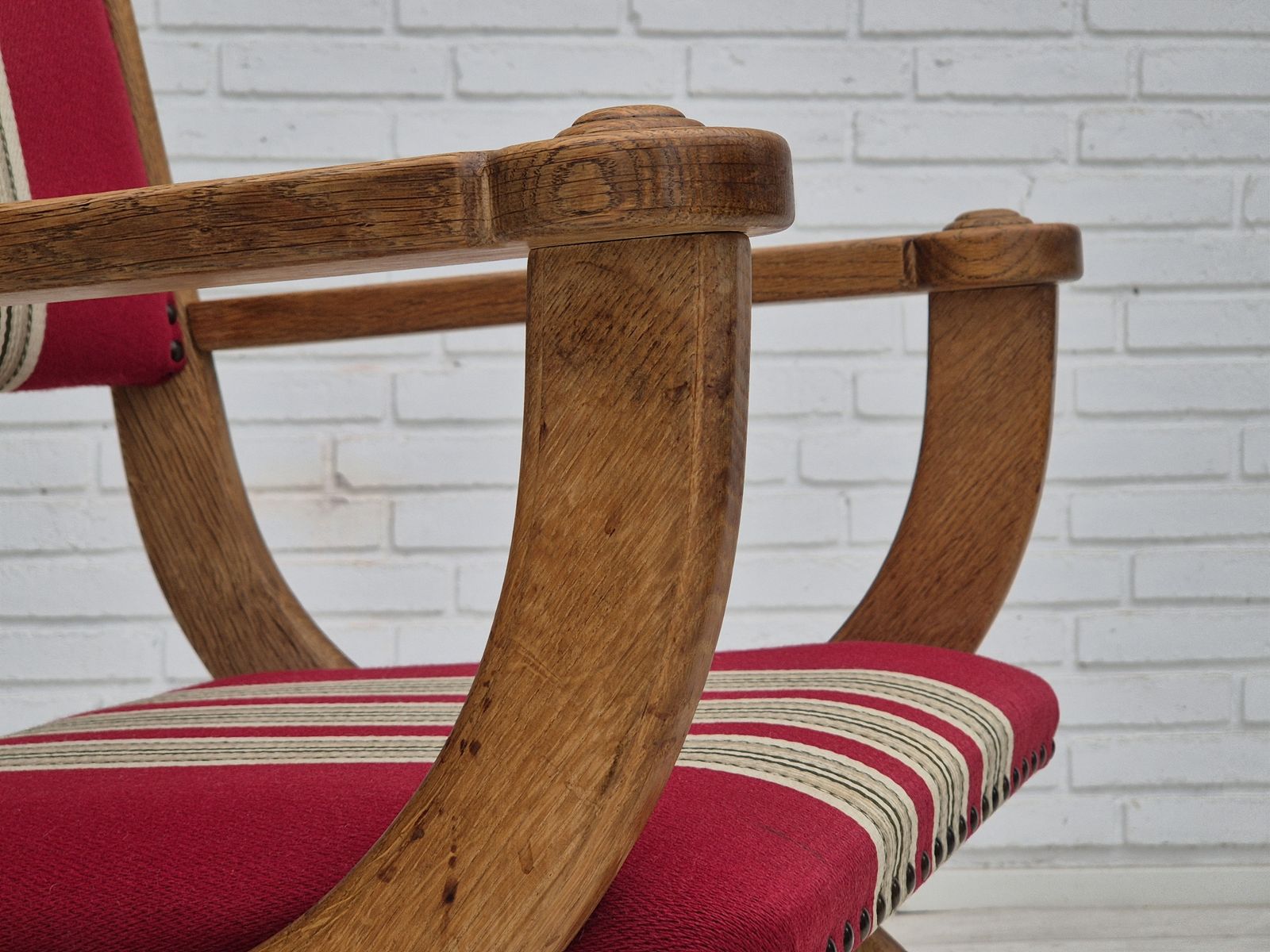 750.0 1960s, Danish Armchair, Original Condition, Furniture Wool, Oak Wood. photo