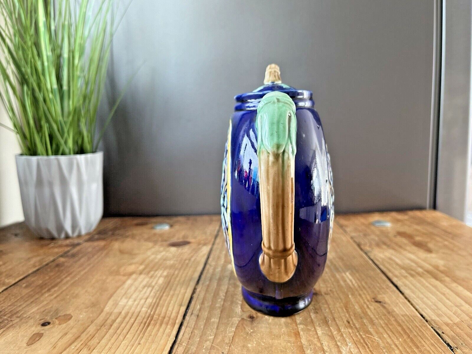 Majolica Cobalt Blue Flat Teapot In The Style Of Thomas Forester Antique Vintage photo Home Decor