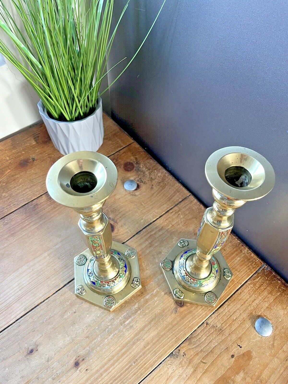 Home Decor Pair Of Antique Asian Chinese Brass Floral Cloisonne Enamel Candlesticks Holders photo