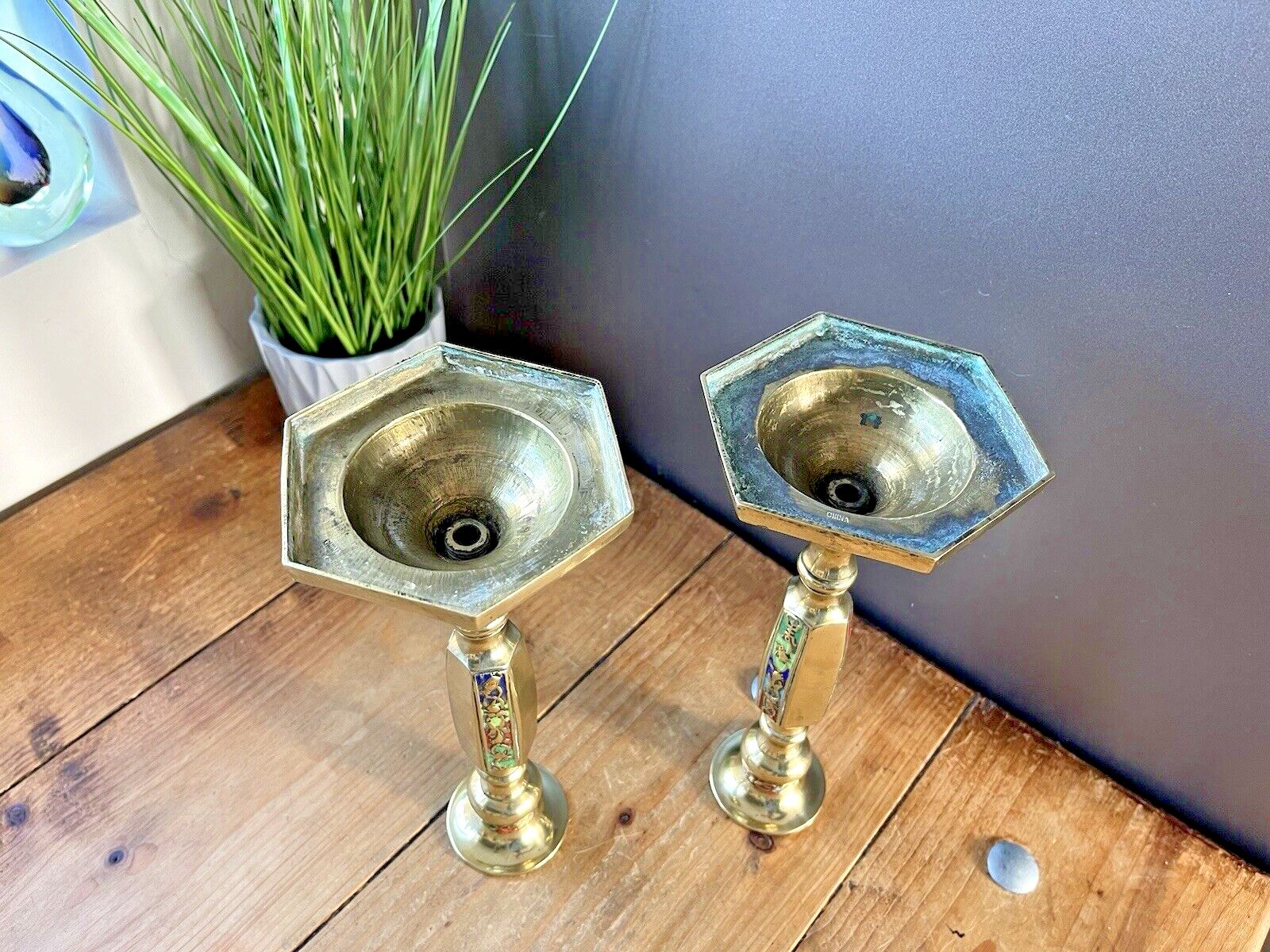 125.0 Pair Of Antique Asian Chinese Brass Floral Cloisonne Enamel Candlesticks Holders photo