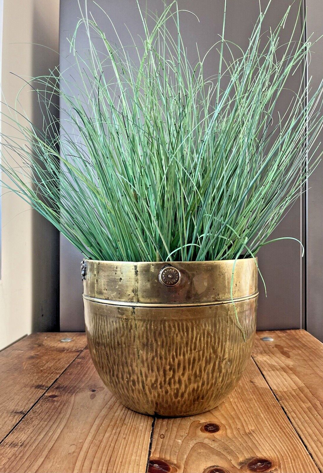 Antique Textured Regency Floral Brass Nestor Birmingham Planter Plant Tree Pot photo for sale