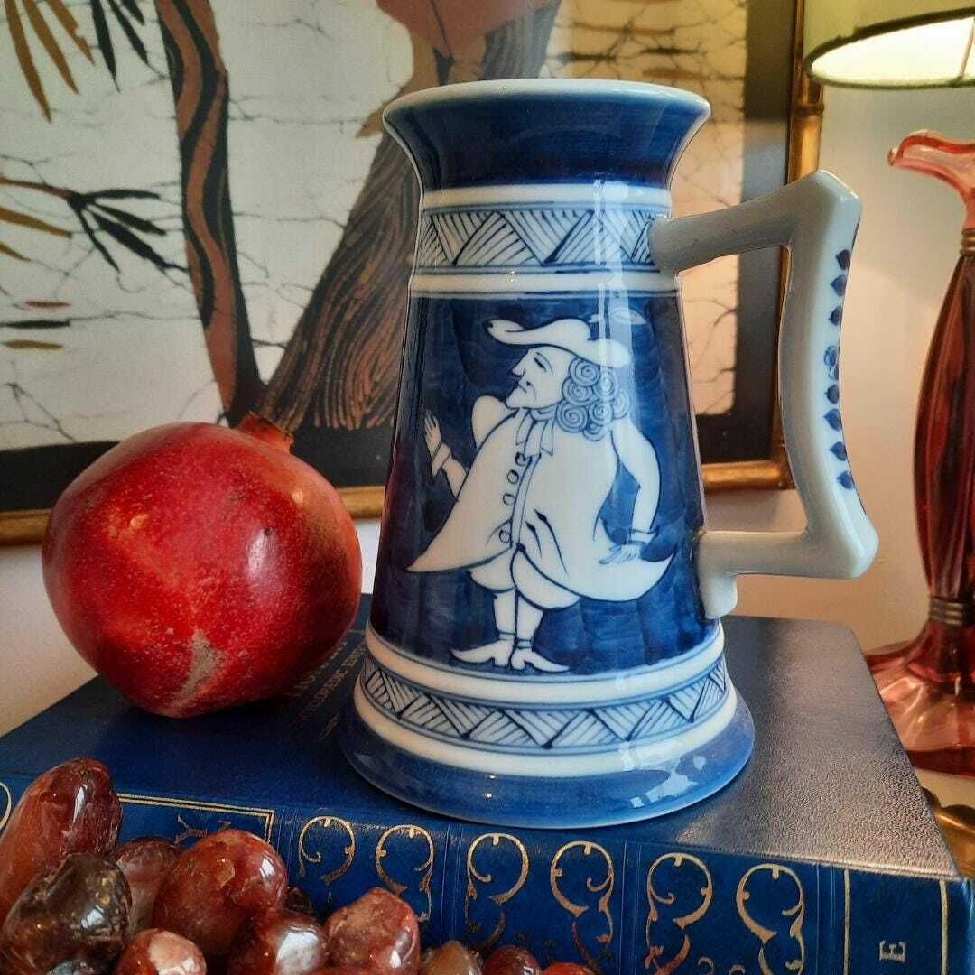 Arita Blue And White Japanese Porcelain Beer Mug With Hand Painted Dutch Characters, Hizen Unusual Beer Mug photo furniture