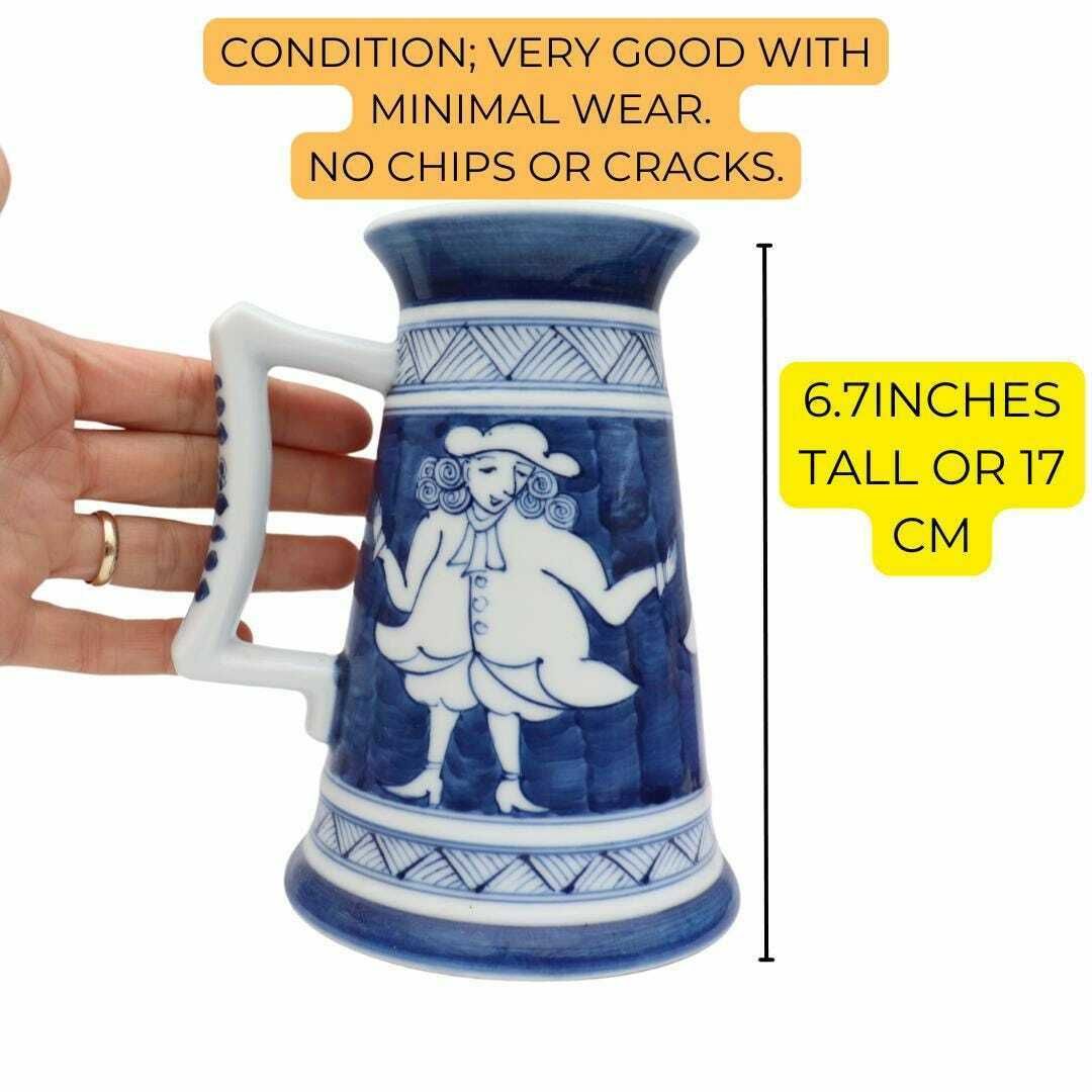 Arita Blue And White Japanese Porcelain Beer Mug With Hand Painted Dutch Characters, Hizen Unusual Beer Mug photo for sale