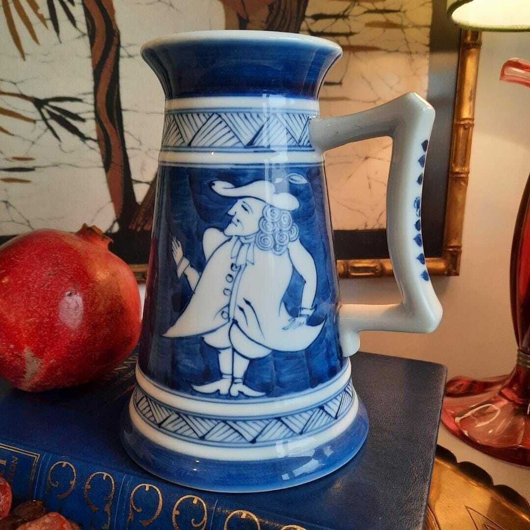 Arita Blue And White Japanese Porcelain Beer Mug With Hand Painted Dutch Characters, Hizen Unusual Beer Mug photo 100.0