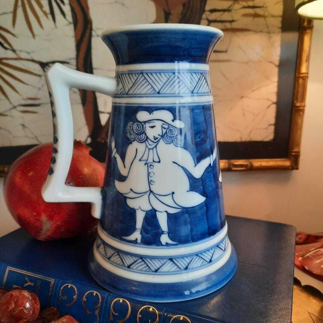 Arita Blue And White Japanese Porcelain Beer Mug With Hand Painted Dutch Characters, Hizen Unusual Beer Mug photo vinterior