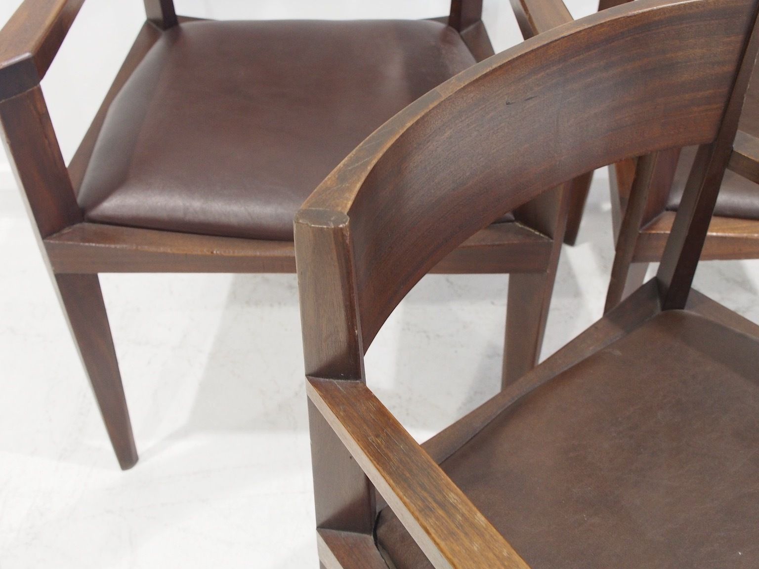 Set Of Six Dark Brown Wood And Faux Leather Italian Dining Chairs photo vinterior