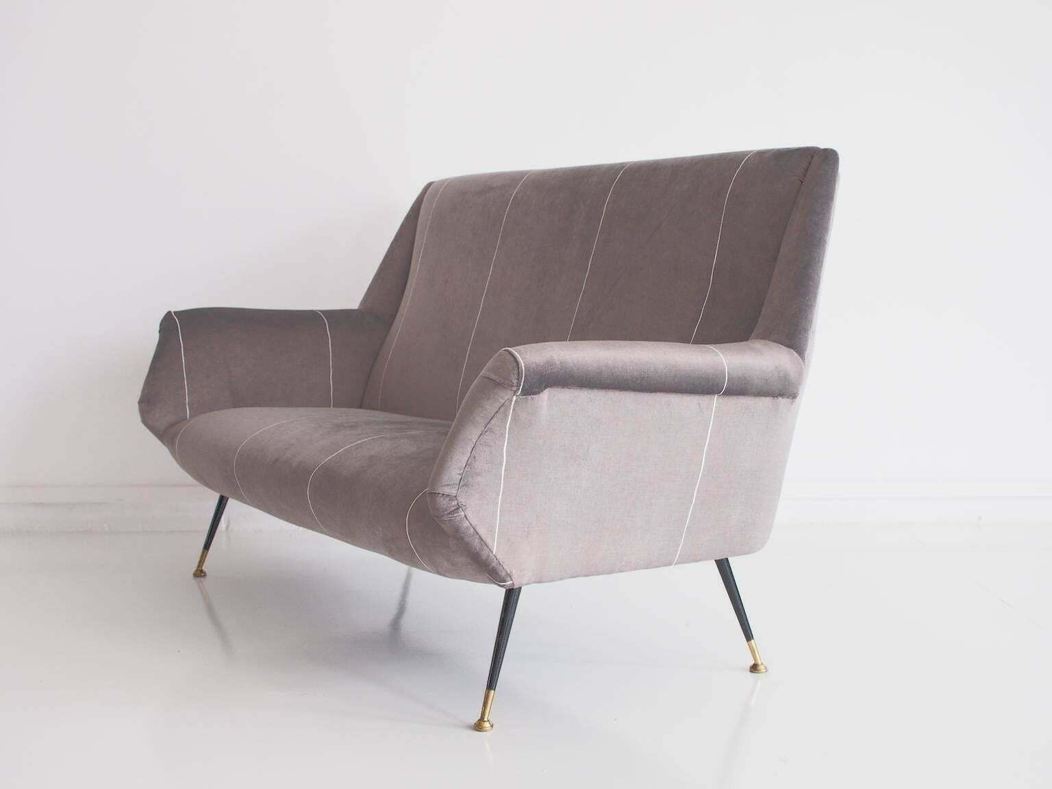 Italian Modern Grey Velvet Sofa With Black Lacquered Brass Feet photo for sale