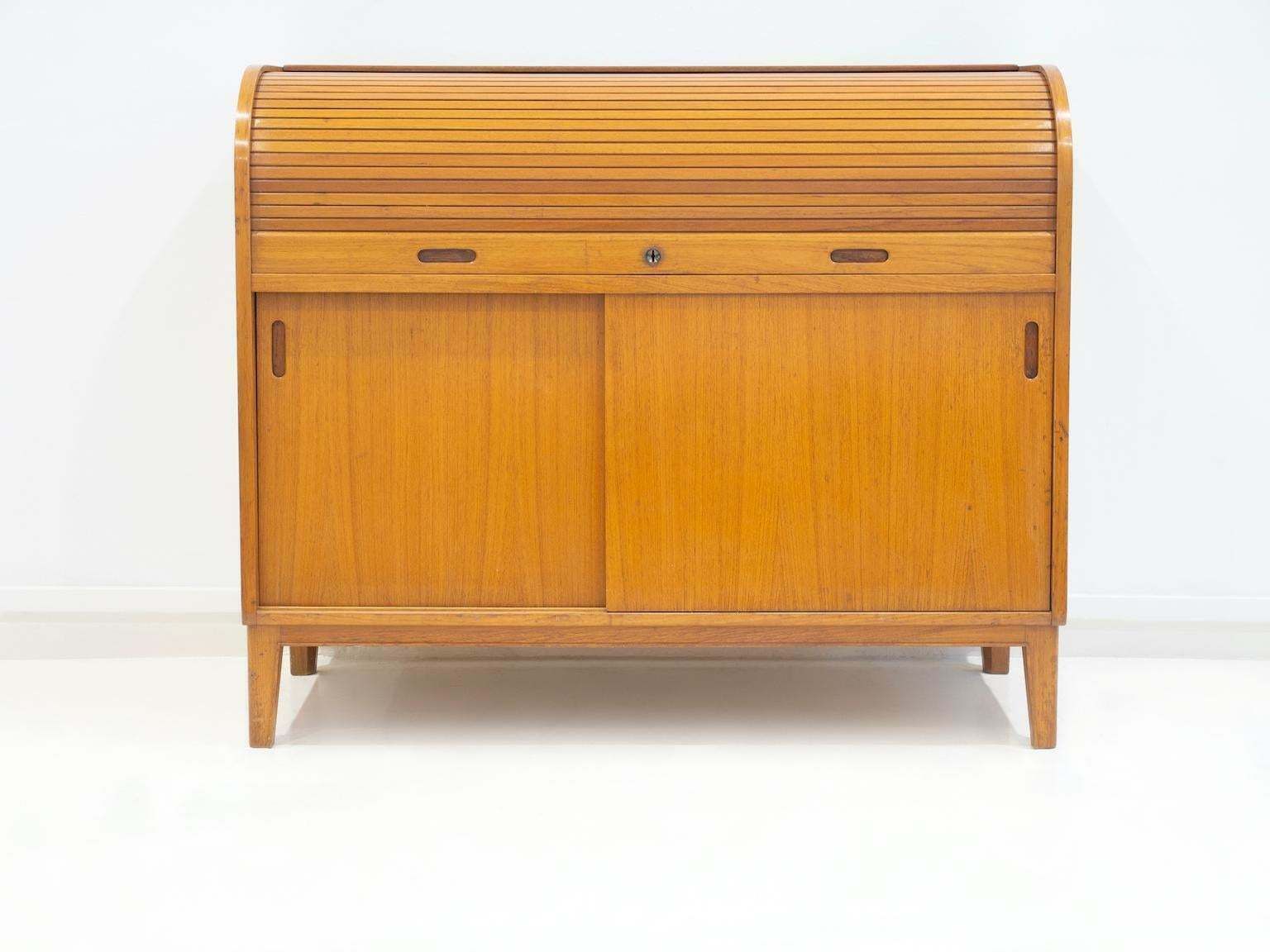 Teak Veneered Cabinet With Sliding Doors And Roll Up Flap photo 1775.0