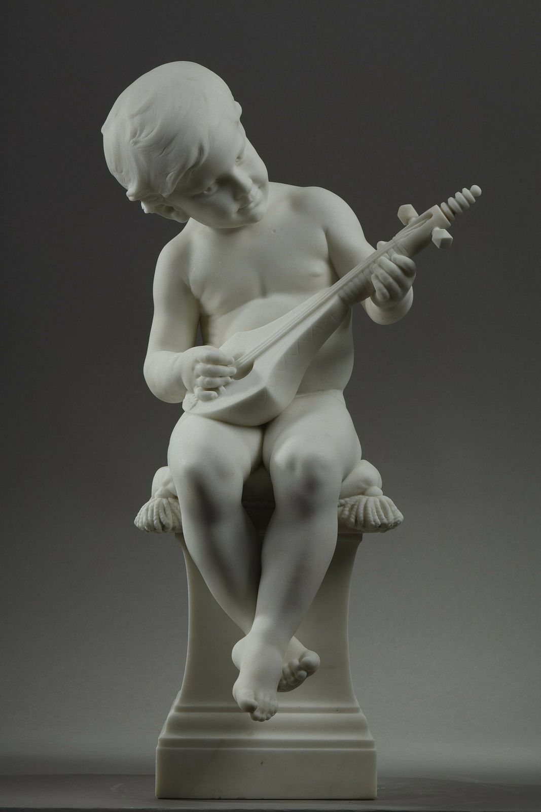 The Little Musician, Large Sculpture In Carrara Marble By Barrias
