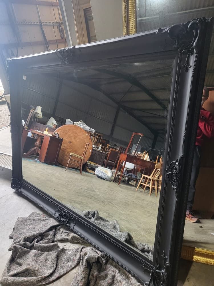 Very Large Antique Repro Black Mirror 7' X 5' Freestanding Dressing Wall photo 345.0