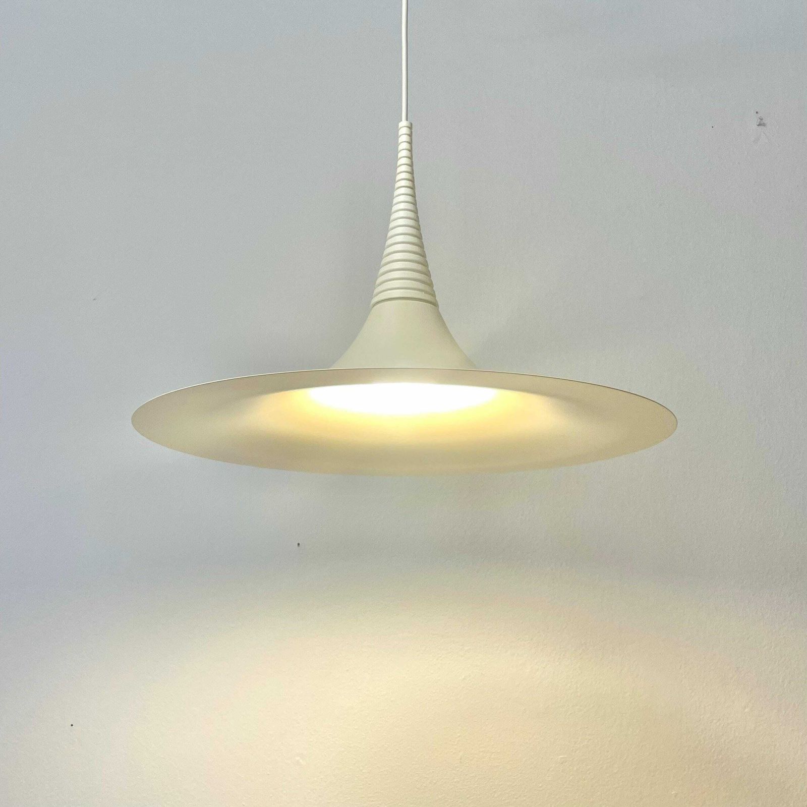 Danish Postmodern Large White Trumpet "Verona" Ceiling Lamp In Metal   Design By Ad Van Berlo For Knud Christensen Electric In The 1980s photo furniture