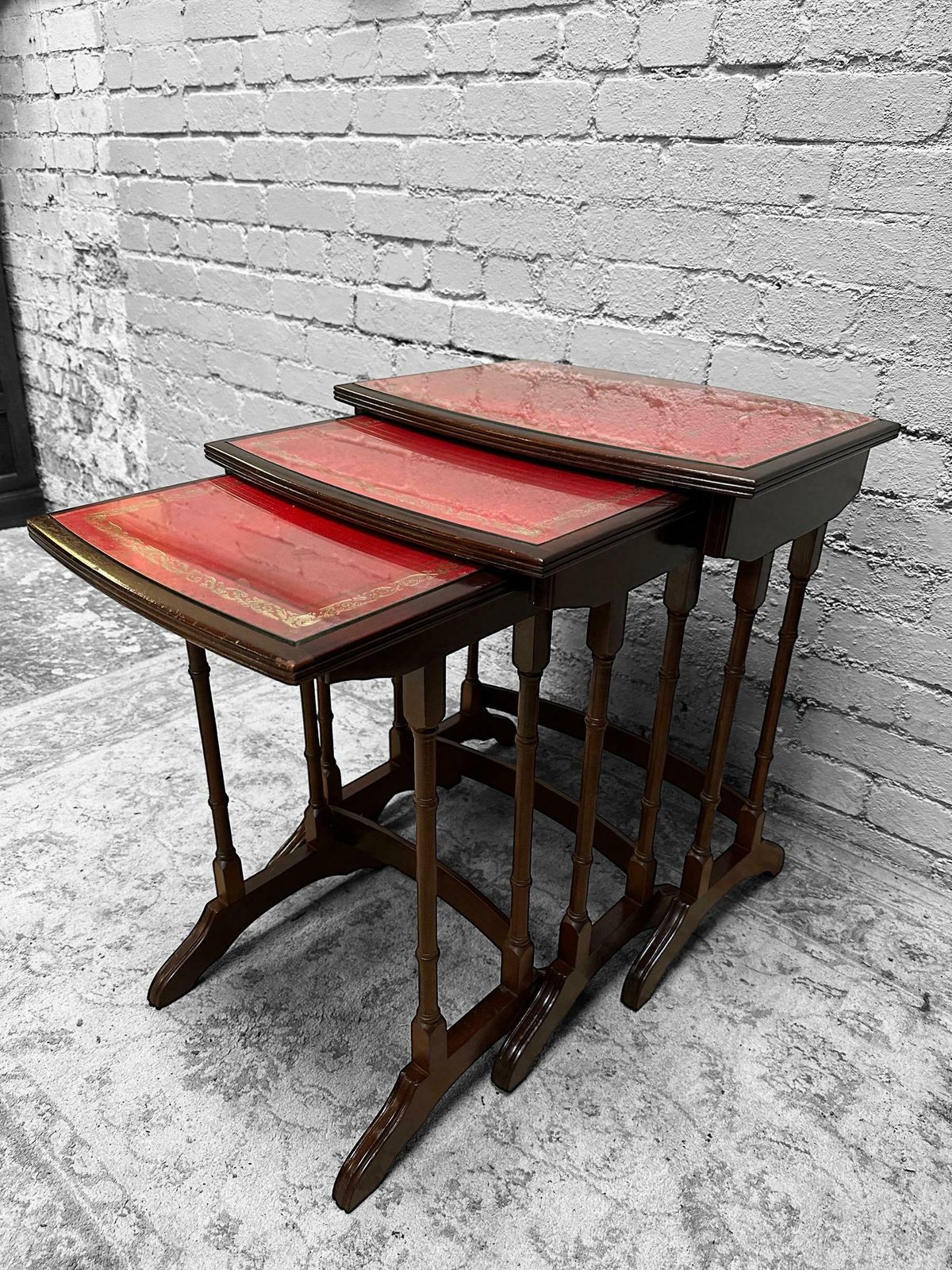 Vintage Nest Of 3 Tables / Leather & Glass Topped C1950 photo furniture