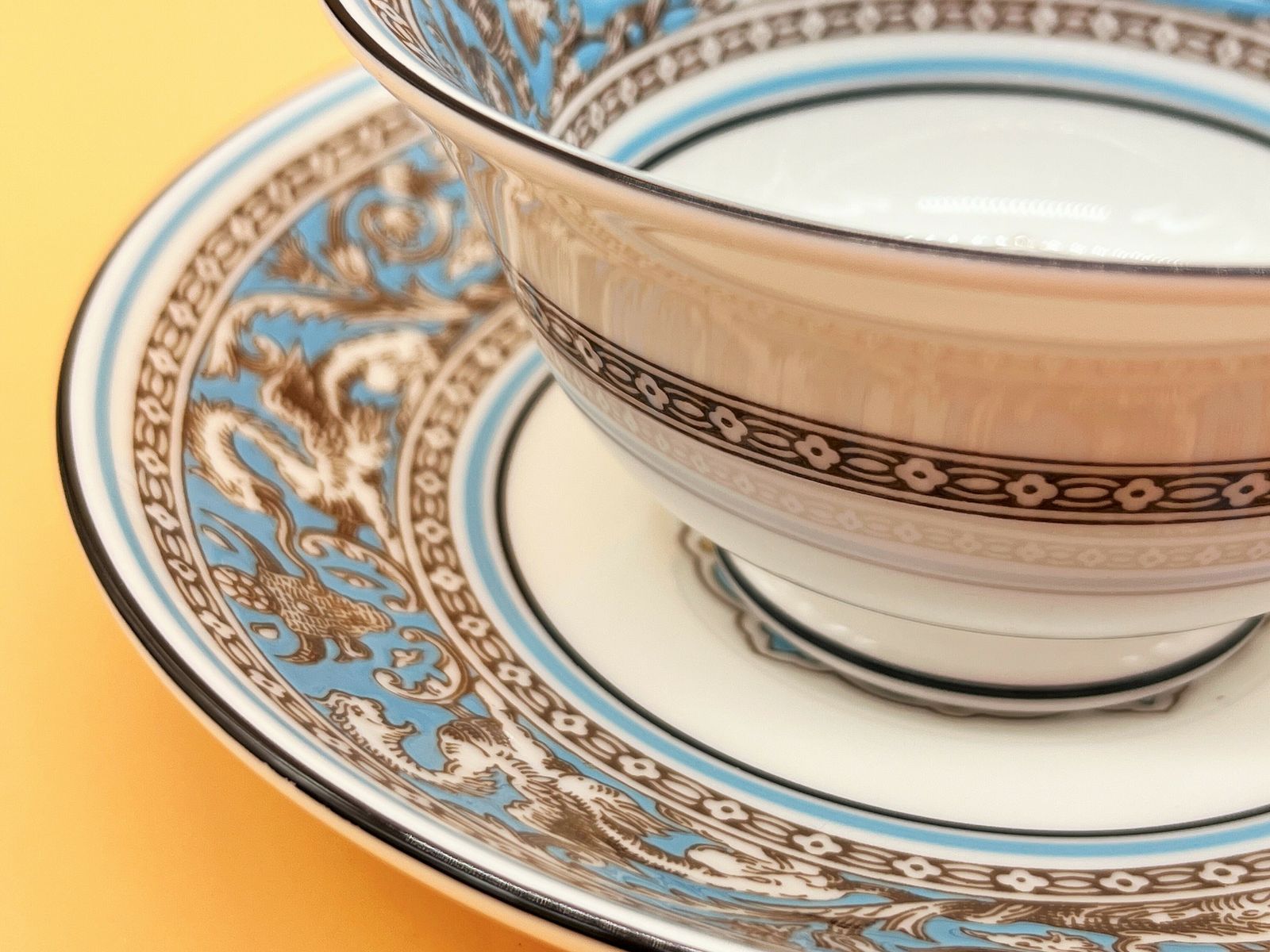 Wedgwood China Turquoise Florentine Design Peony Shape Tea Cup & Saucer Duo. W2714. photo buy