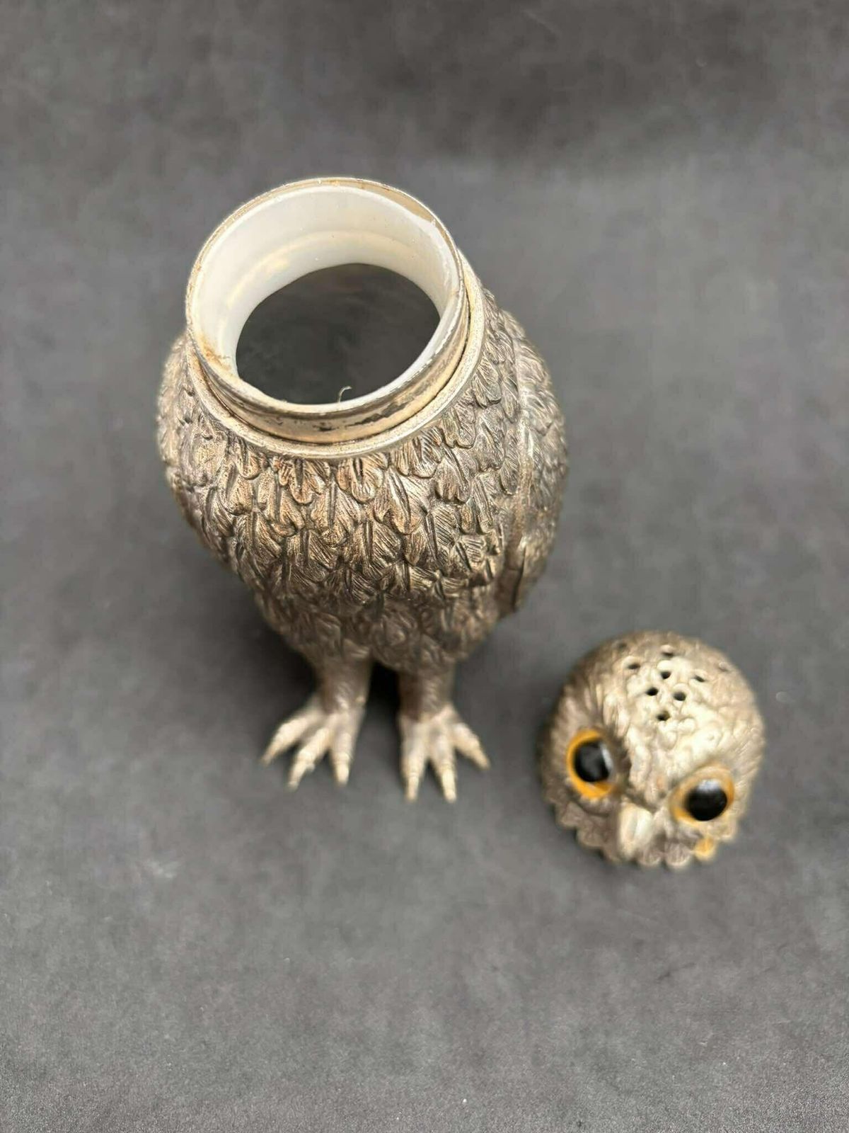 Silver Plate Owl Corbell Salt Shaker Large Insert Glass Eyes Novelty English Silver Plated Novelty Piece Animal Figurine Owl Lover Gift photo 281.0