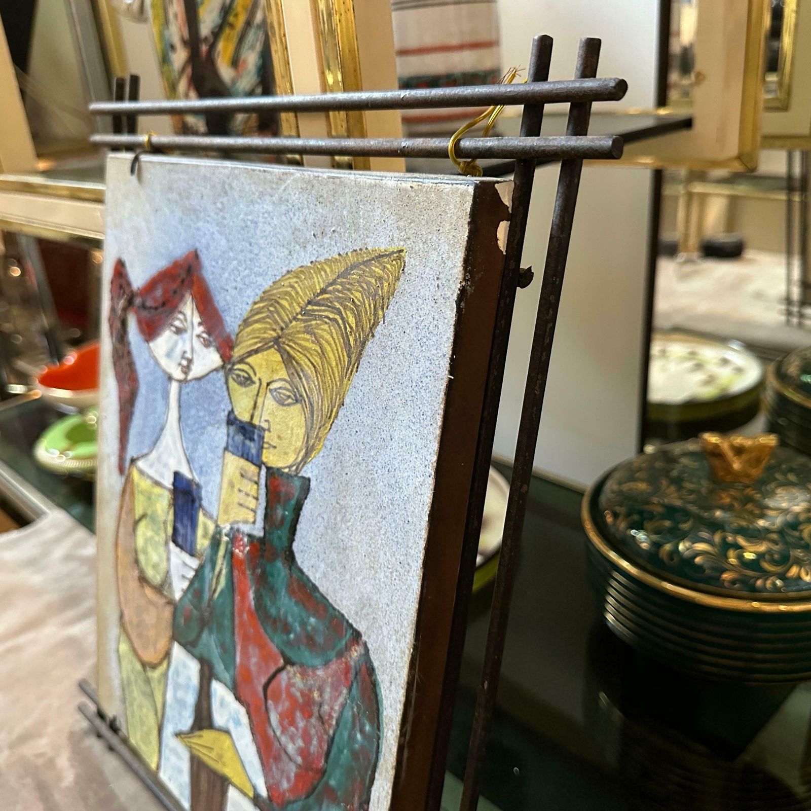 1950s Mid Century Modern Iron Framed Hand Painted Ceramic Italian Plaque photo buy