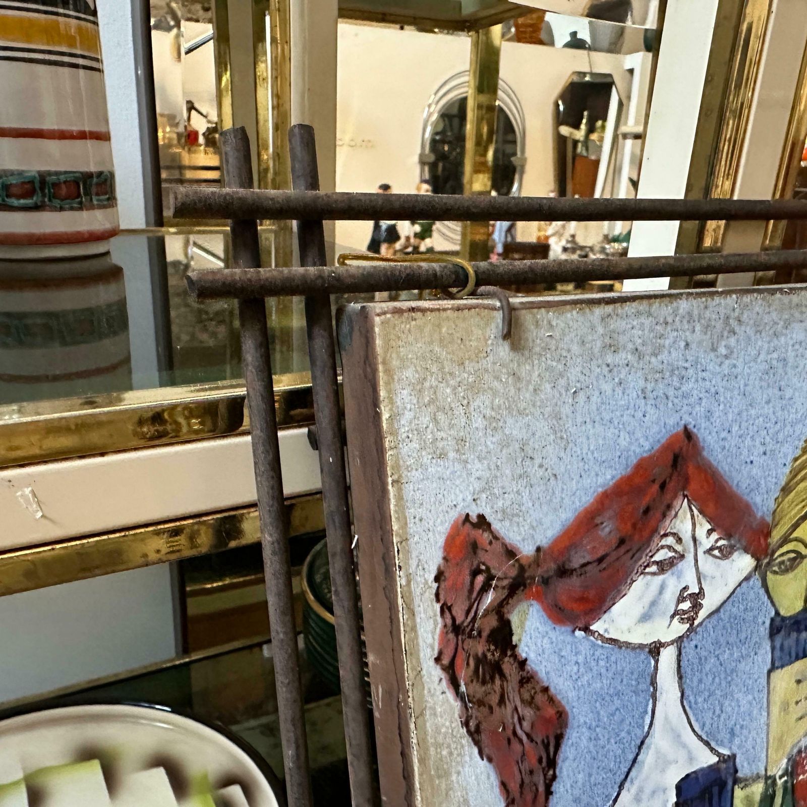 photo for sale 1950s Mid Century Modern Iron Framed Hand Painted Ceramic Italian Plaque