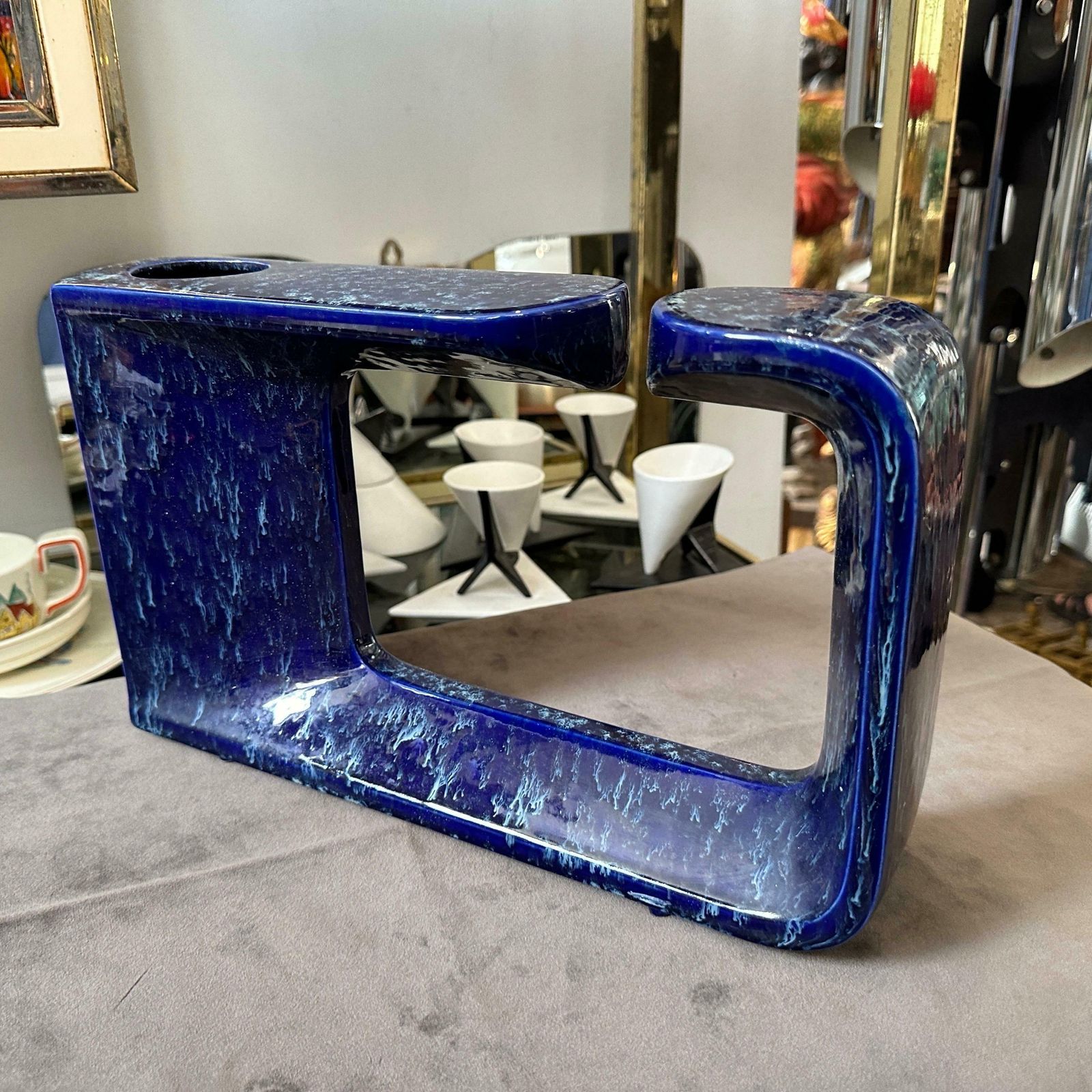 1970s Post Modern Blue Ceramic Vase By Rigon For Bertoncello photo for sale