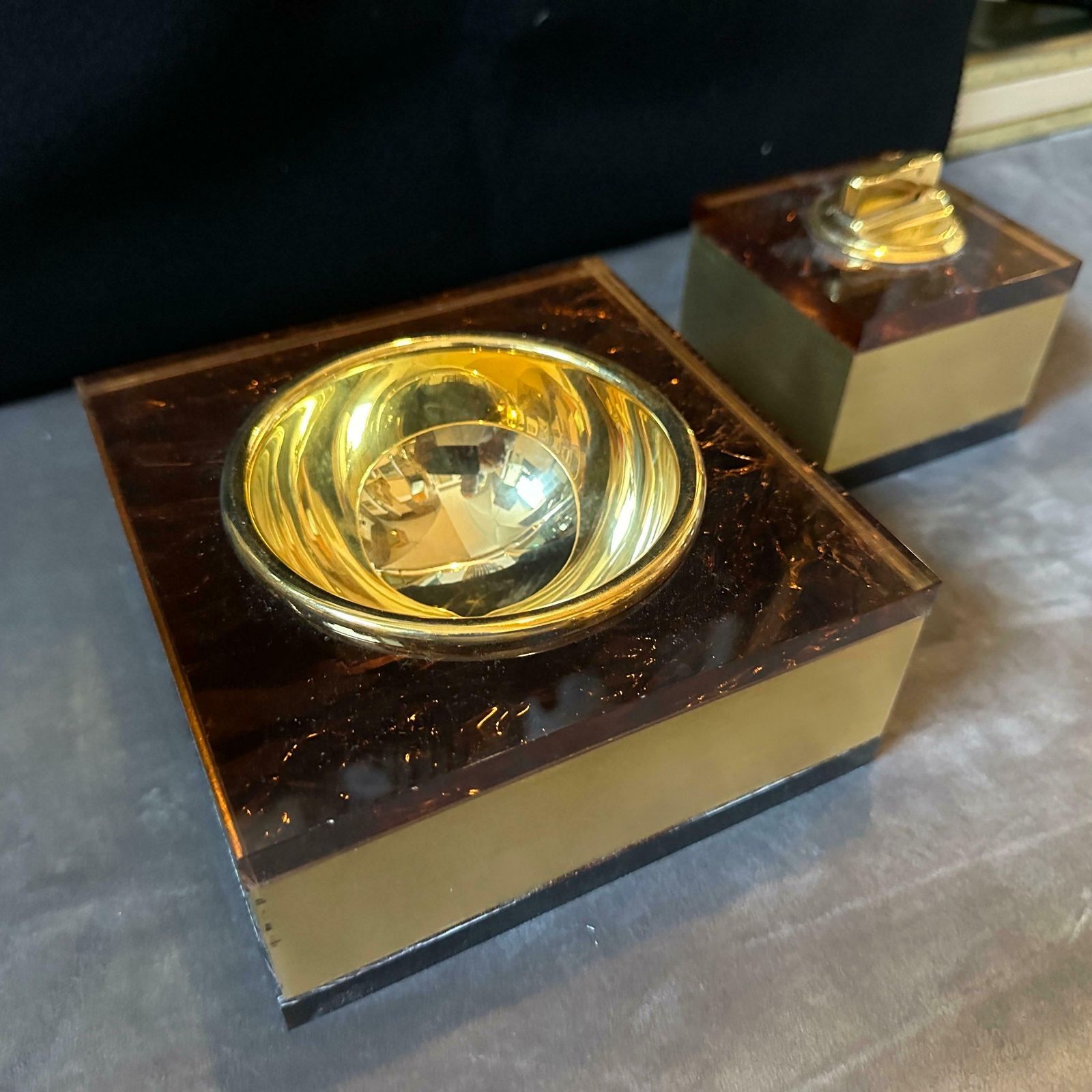 1970s Mid Century Modern Brass And Fake Tortoiseshell Lucite Italian Smoking Set photo for sale