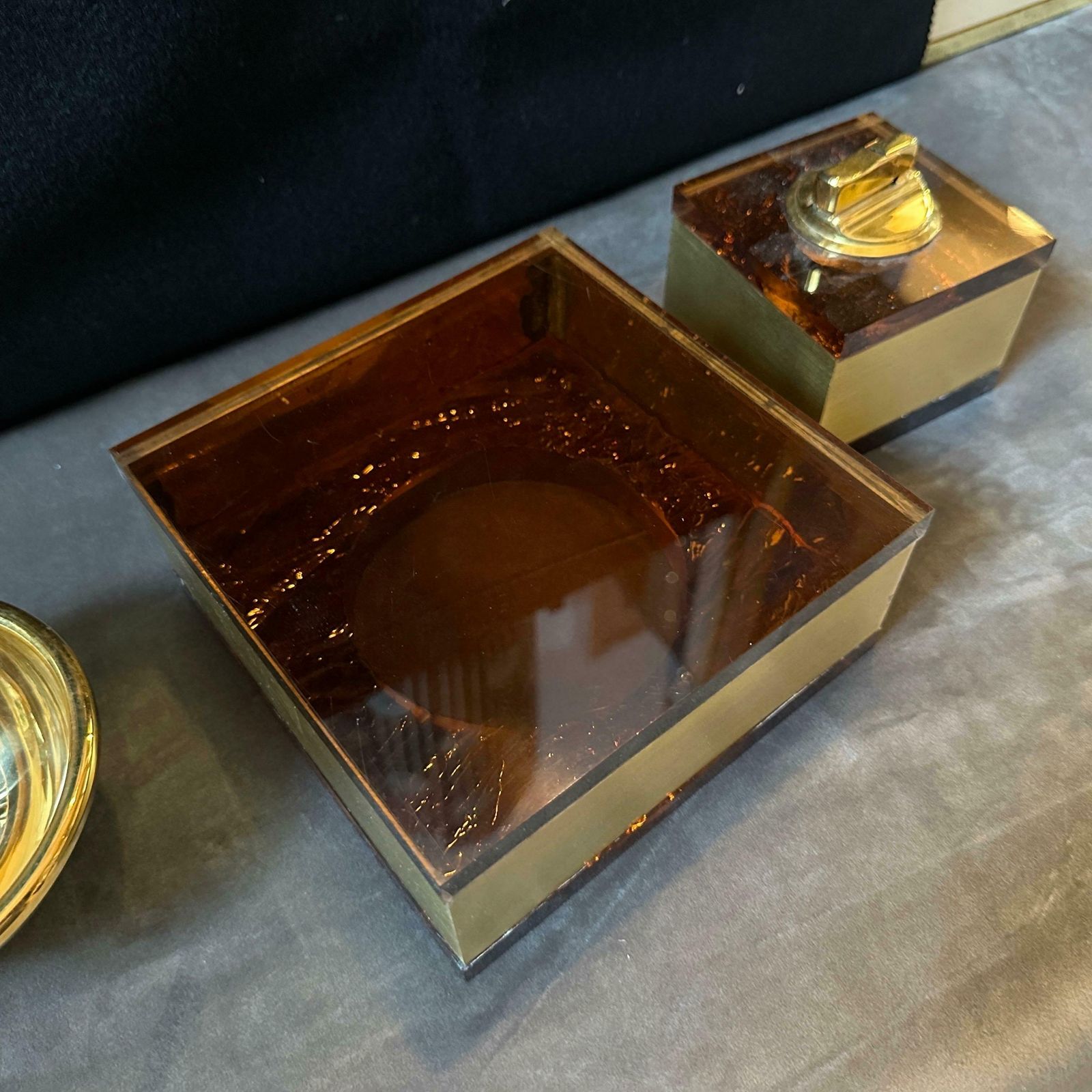 photo for sale 1970s Mid Century Modern Brass And Fake Tortoiseshell Lucite Italian Smoking Set