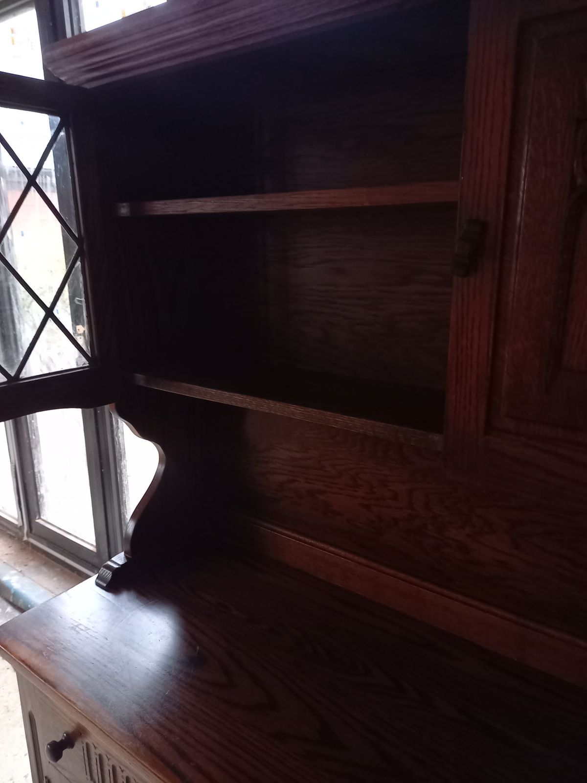 Vintage Oak Welsh Dresser With Carvings And Glass Display photo furniture