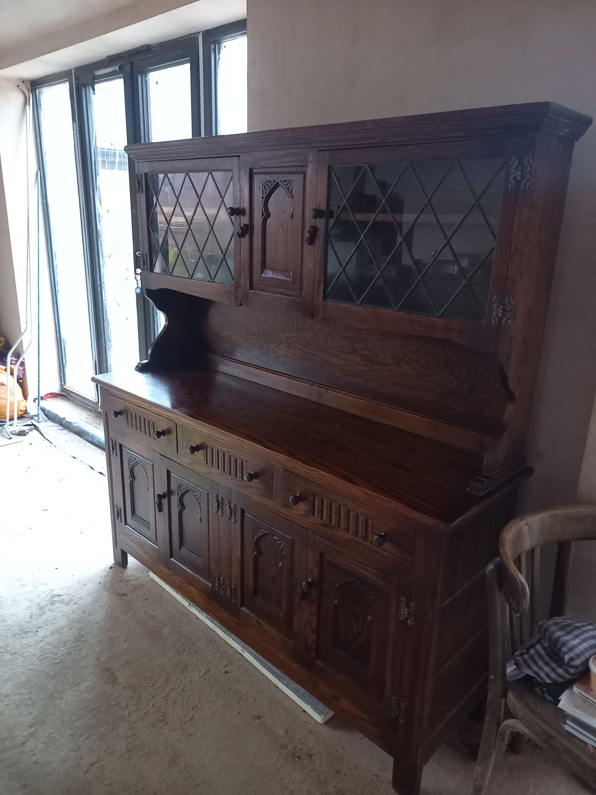 Vintage Oak Welsh Dresser With Carvings And Glass Display photo Furniture
