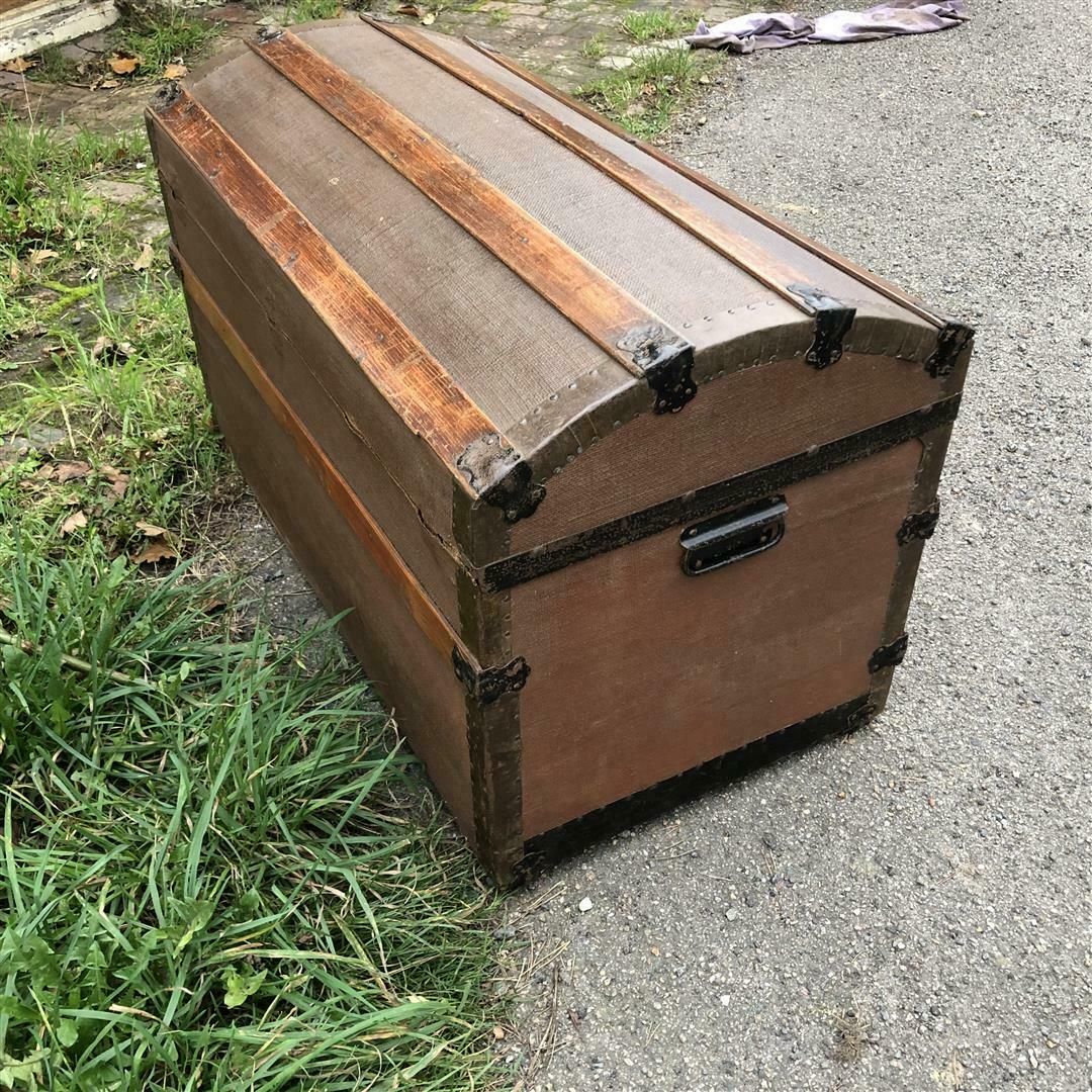 Antique Wooden Arch Top Travel Trunk 1920s photo furniture