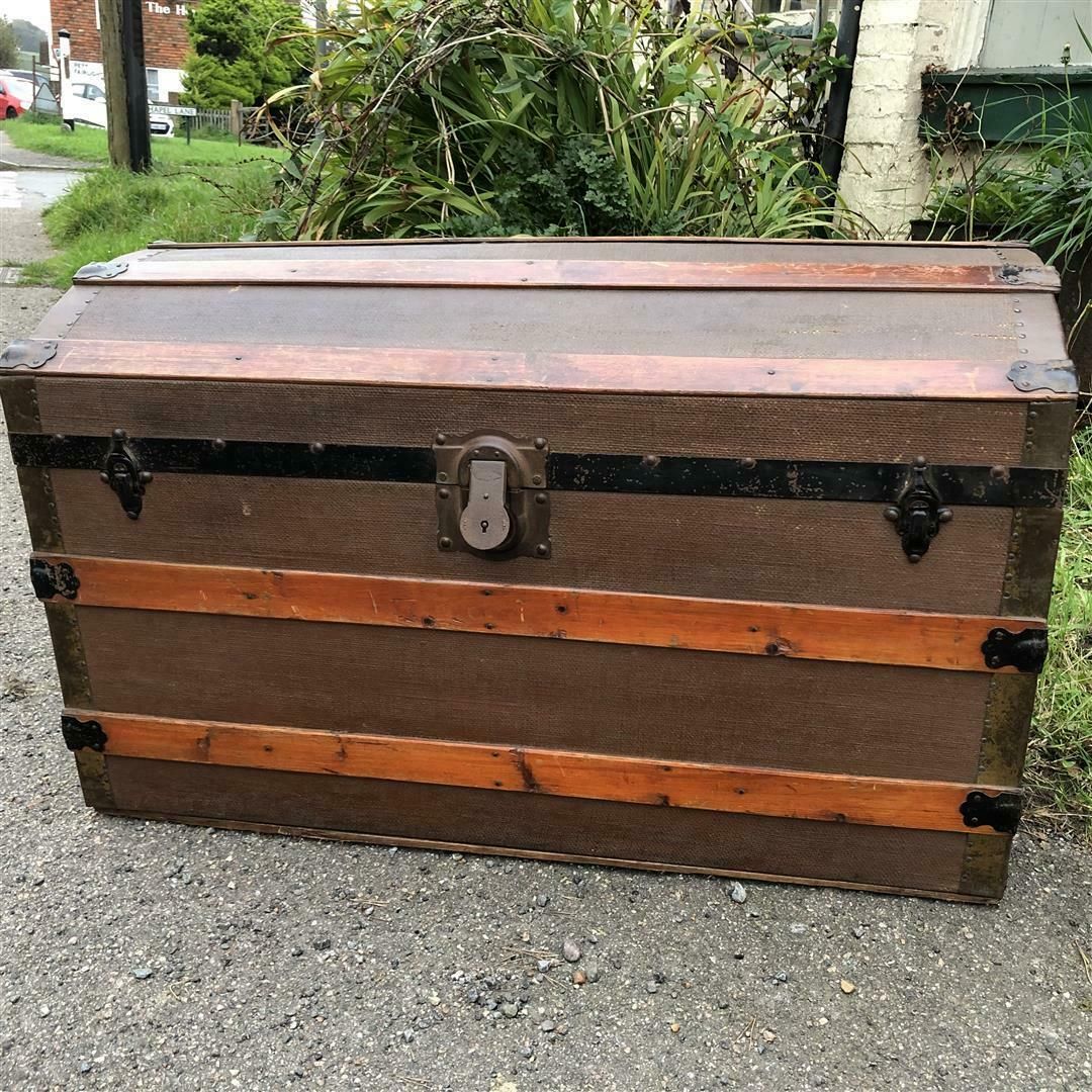 Antique Wooden Arch Top Travel Trunk 1920s