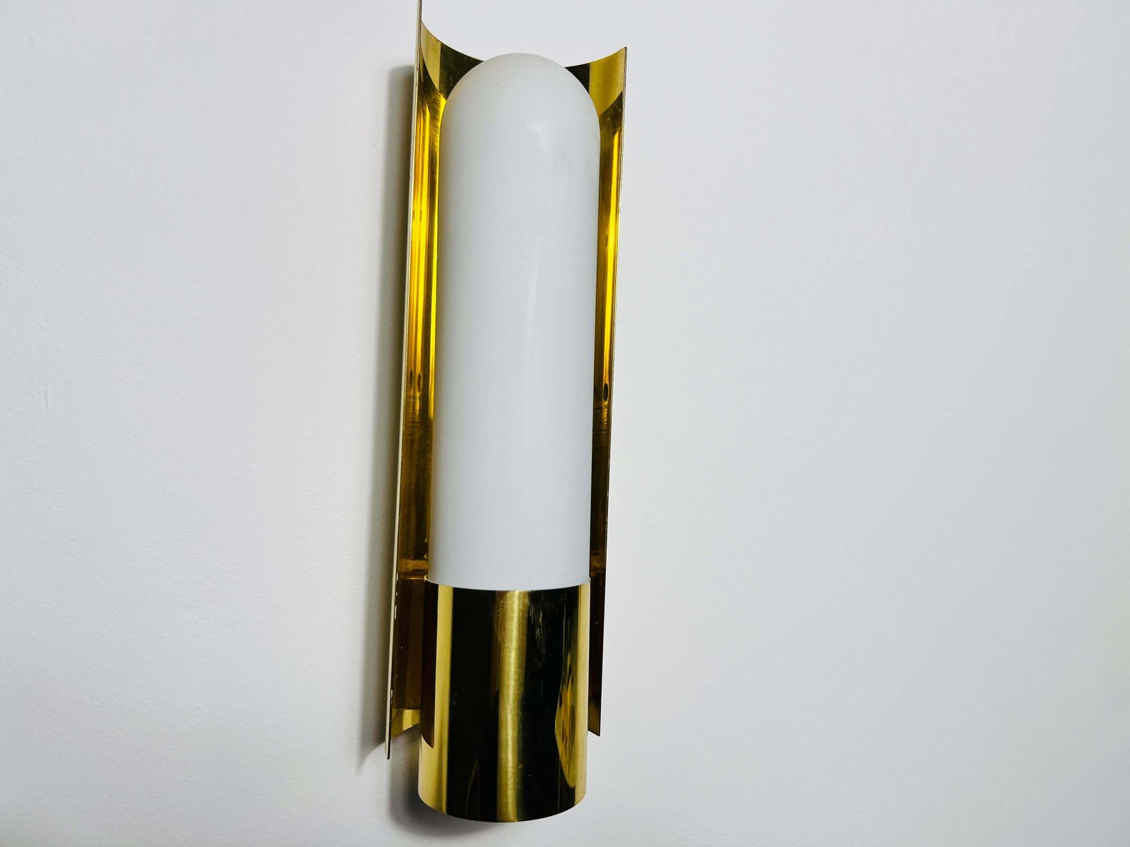 Pair Of Brass And Opaline Glass Wall Lamps By Glashütte Limburg, 1960s photo buy