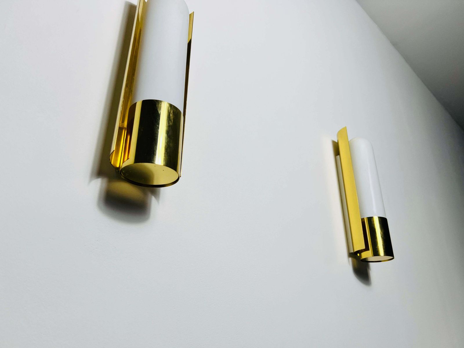 Pair Of Brass And Opaline Glass Wall Lamps By Glashütte Limburg, 1960s photo vintage