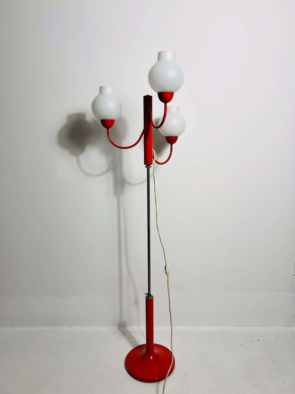 Midcentury Red And Opaline Glass 3 Arm Floor Lamp By Kaiser, Germany, 1960s photo furniture