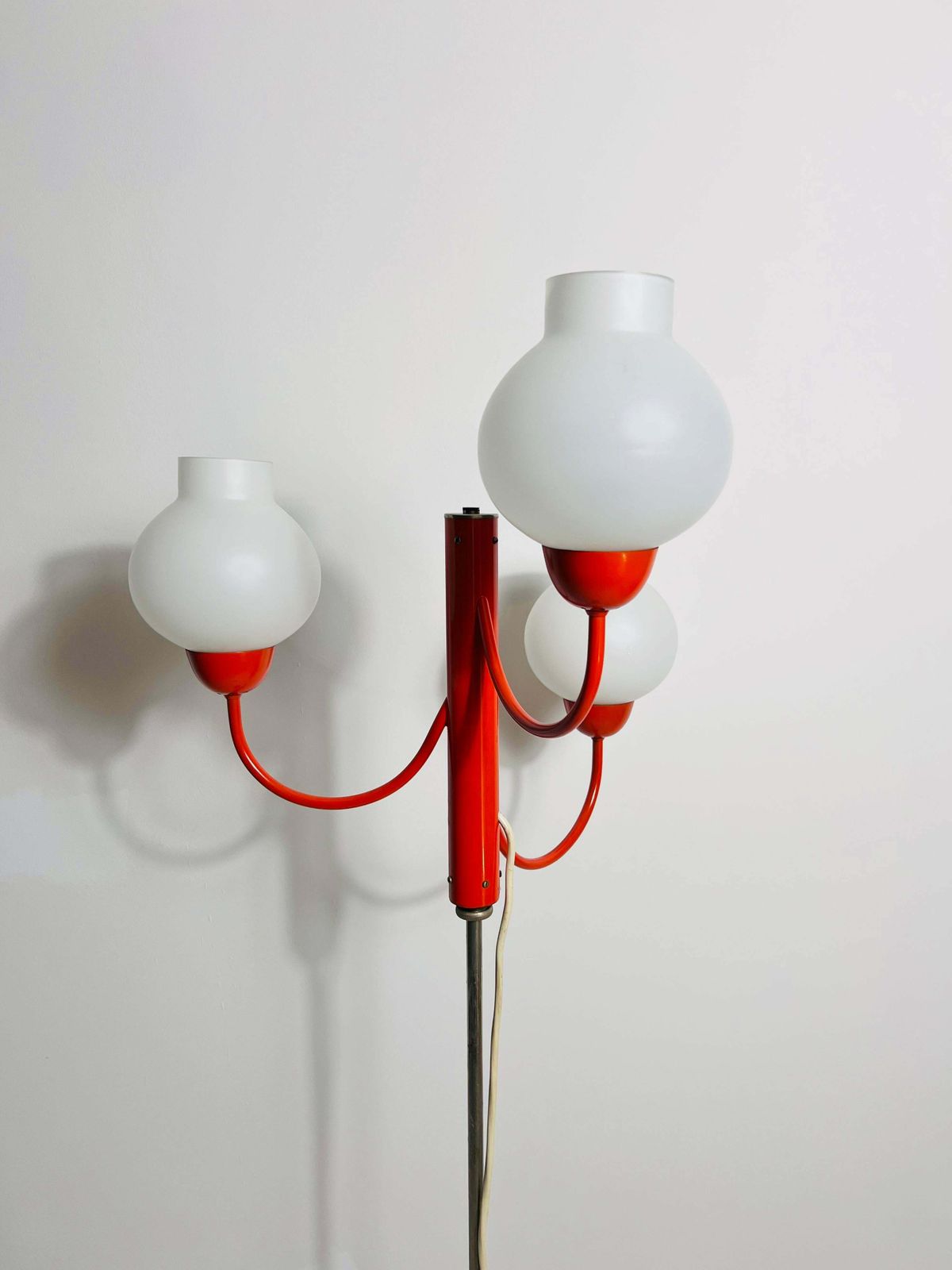 Midcentury Red And Opaline Glass 3 Arm Floor Lamp By Kaiser, Germany, 1960s photo vinterior
