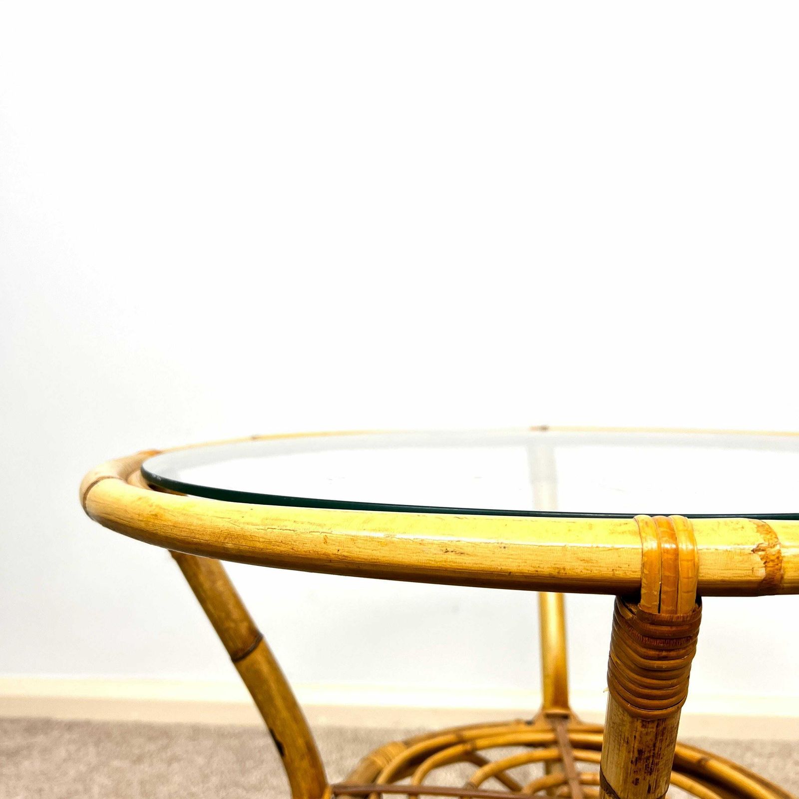 Tiki Boho Vintage Bamboo Round Coffee Table With Rack 1970s photo vinterior
