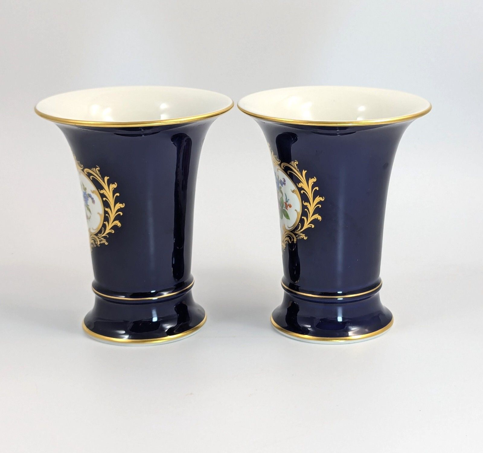 Meissen Hand Painted Floral Cobalt Trumpet Vases photo furniture