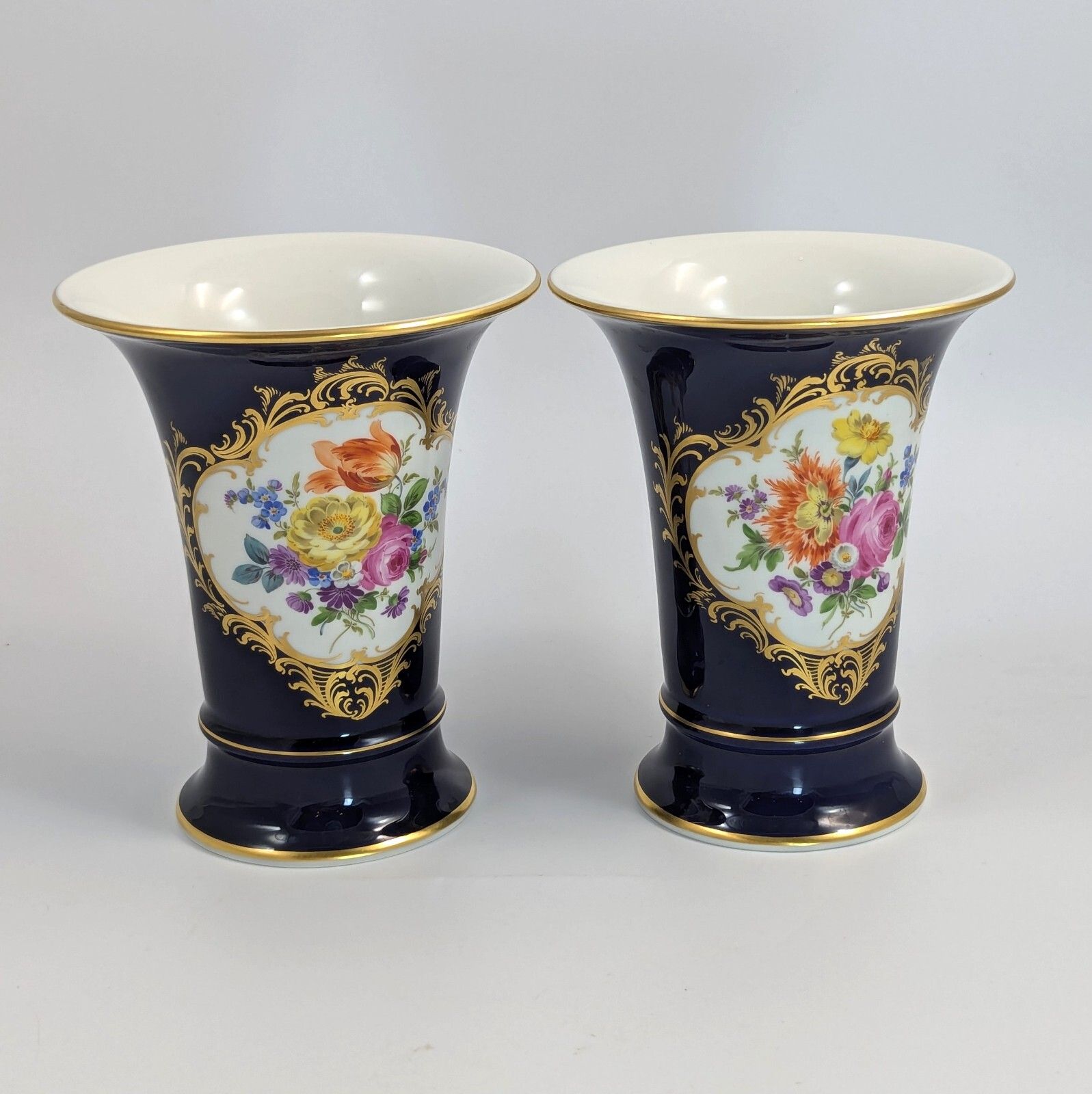 Meissen Hand Painted Floral Cobalt Trumpet Vases photo 450.0