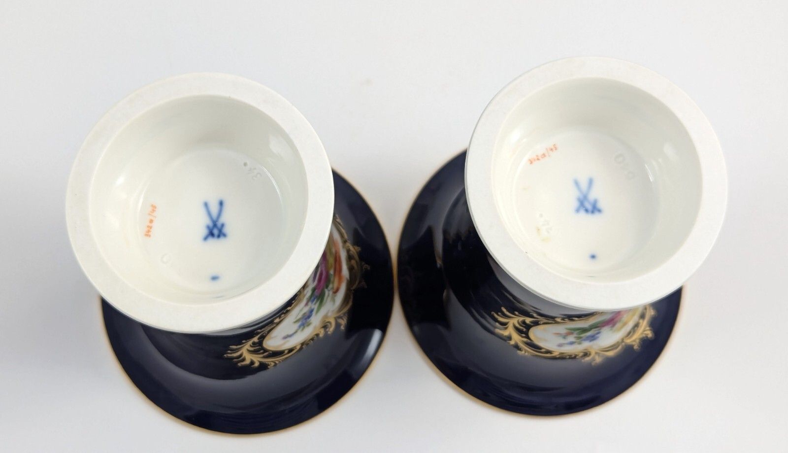 Meissen Hand Painted Floral Cobalt Trumpet Vases photo vintage