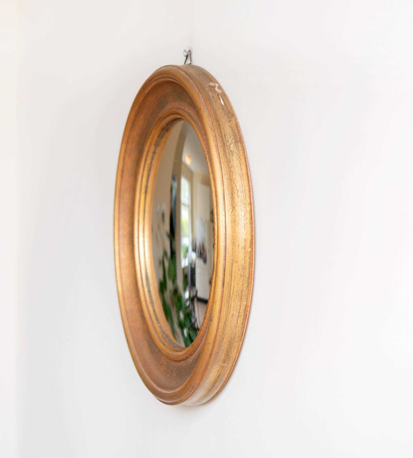 Round Gold Convex Wall Mirror, Mid Century Butler Mirror, 1950s Design, Belgian Wall Mirror, Giltwood, Old Bullseye Mirror photo vintage
