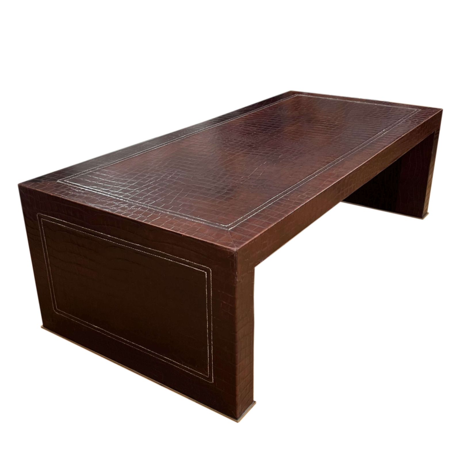 Large French 1970s Faux Crocodile Pressed Leather Coffee Table photo vinterior