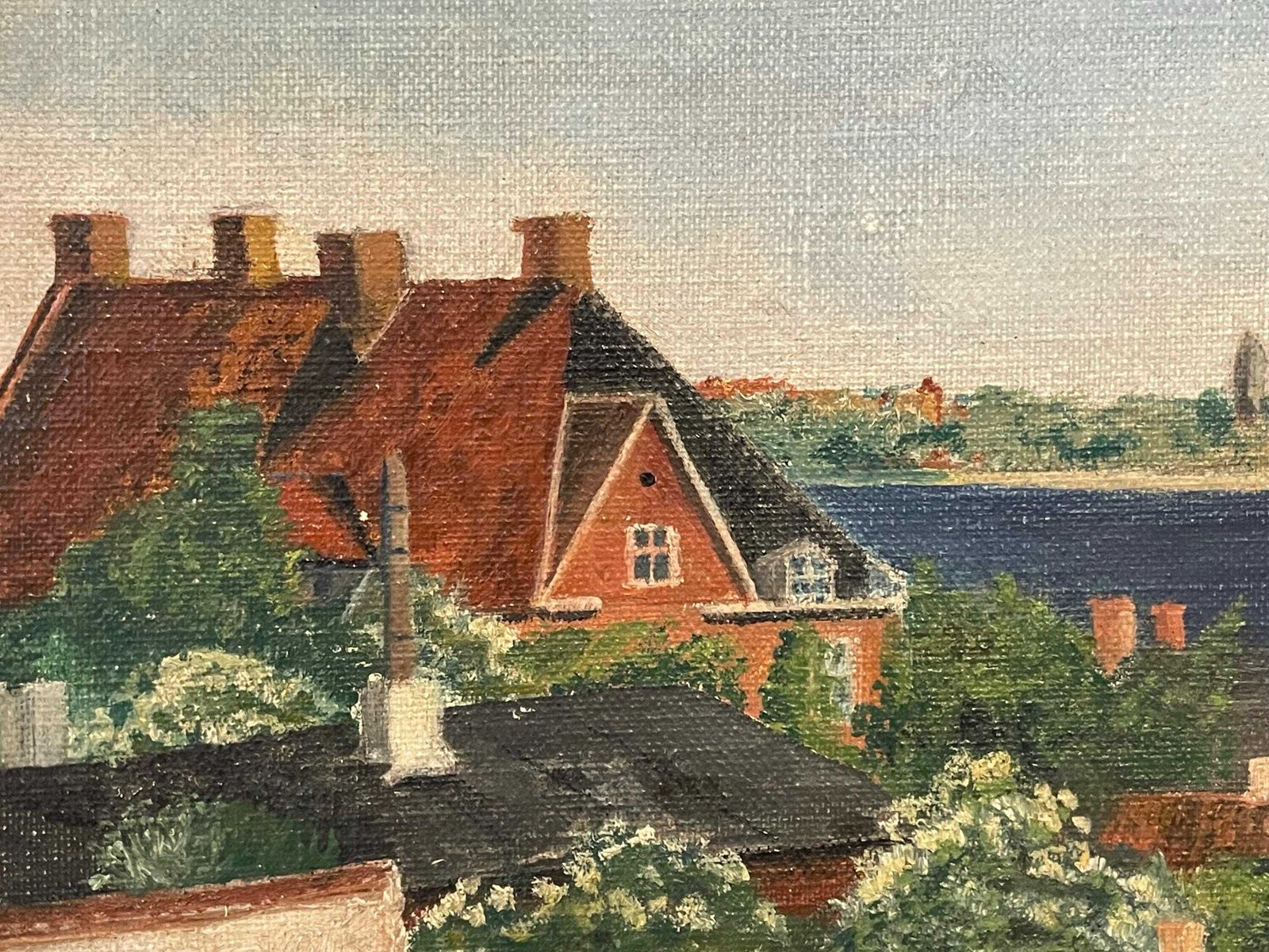 Antique Original European Oil Painting With Motive From Flower Covered Balcony With Ocean View photo for sale