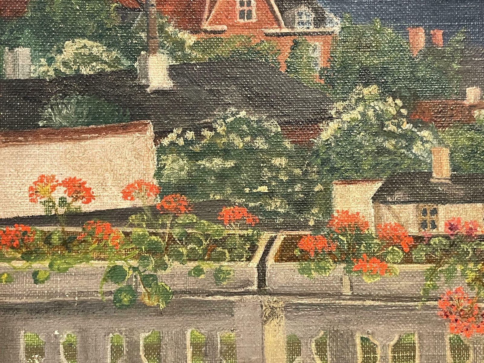 Antique Original European Oil Painting With Motive From Flower Covered Balcony With Ocean View photo Art