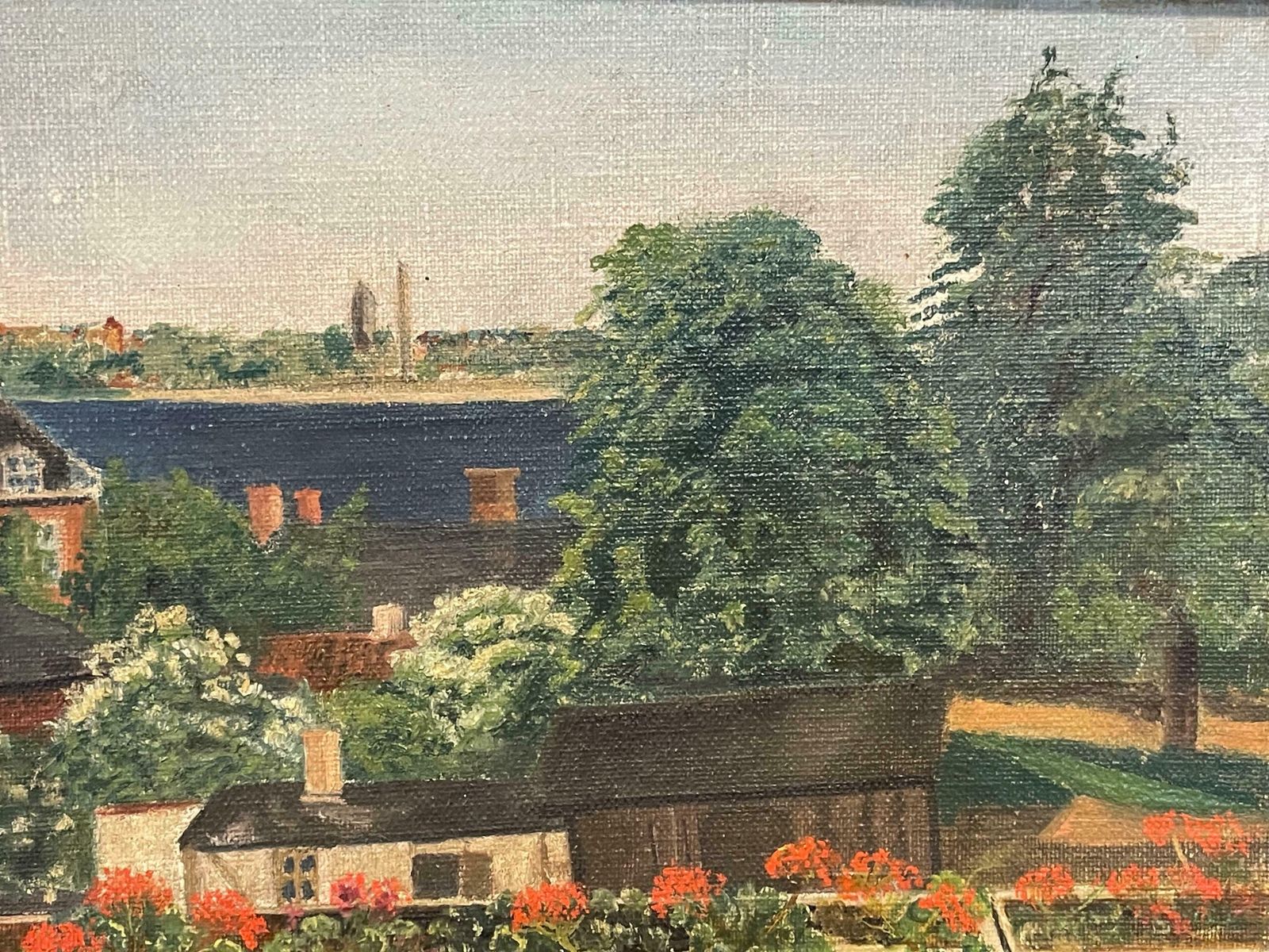 Antique Original European Oil Painting With Motive From Flower Covered Balcony With Ocean View photo vinterior