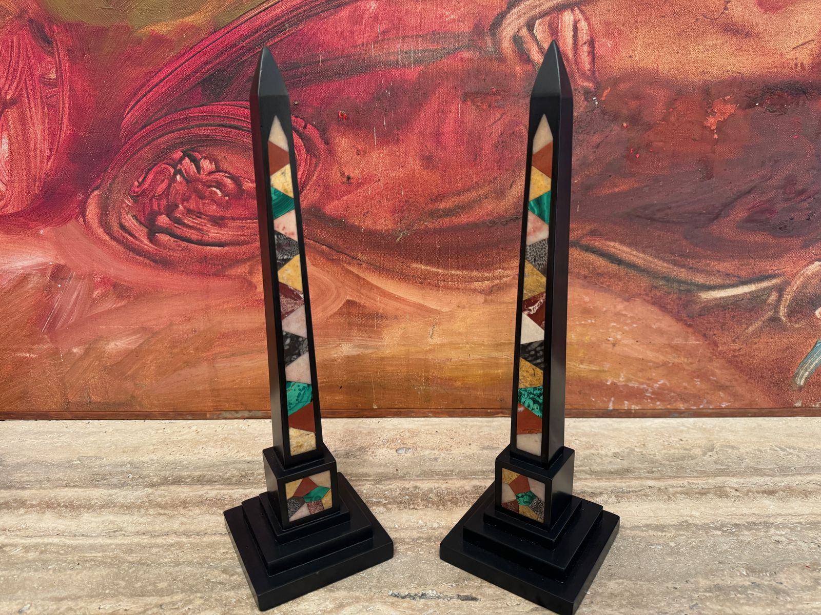 Pair Of 19th Century Ashford Black Marble And Pietra Dura Obelisks photo for sale